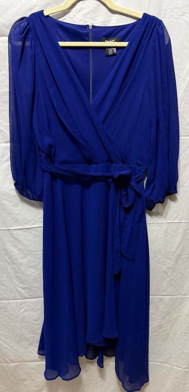 DKNY Royal Blue Chiffon Faux-Wrap Dress, Size 12